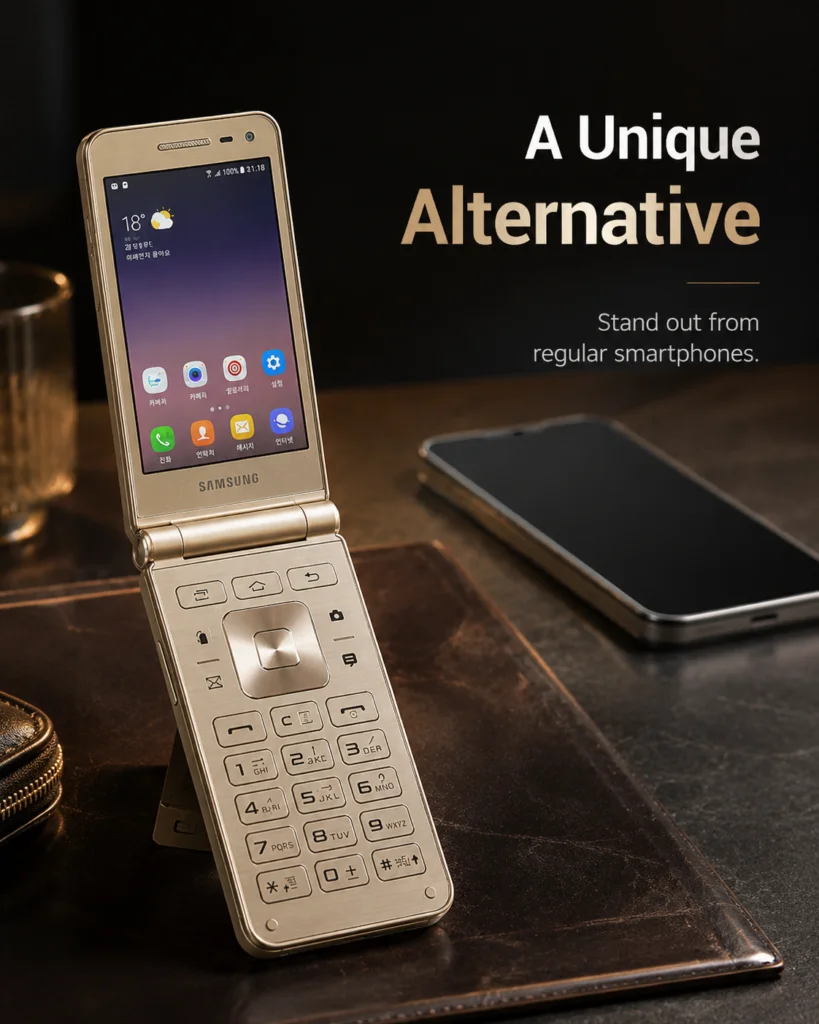 Gold Samsung Galaxy Folder 2 standing open on a desk