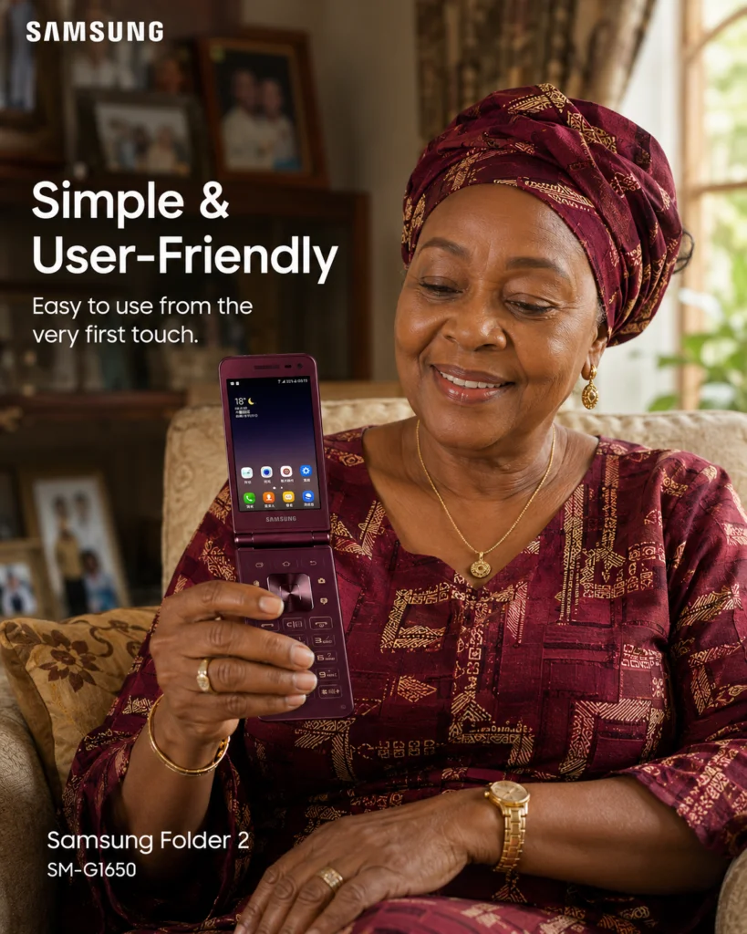 A smiling woman using a burgundy Samsung Galaxy Folder 2