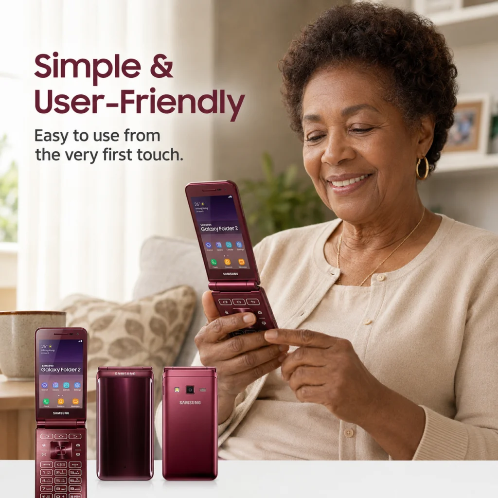 A woman comfortably using a burgundy Samsung Galaxy Folder 2